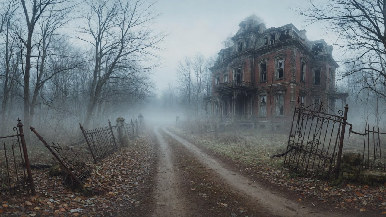 Foggy woodland path toward the derelict house — Explore the woodlands