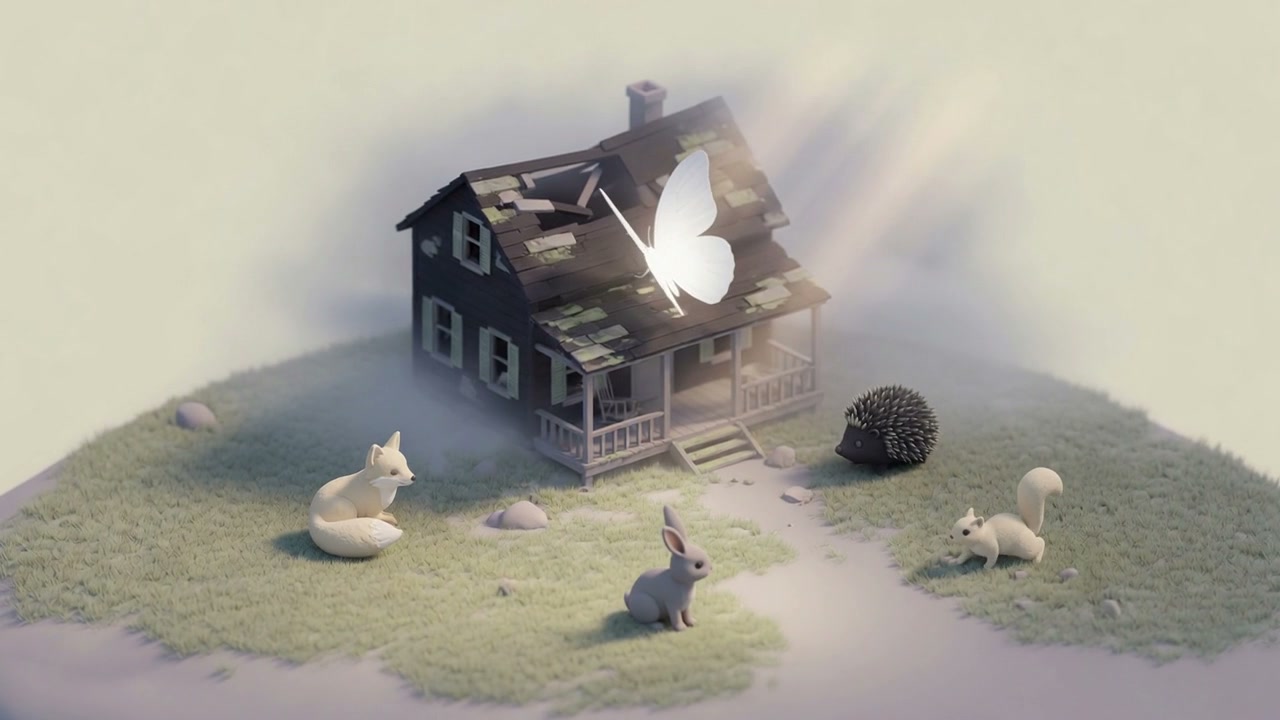Cinematic still: white butterfly rising over the derelict house in fog — Static Symphony world